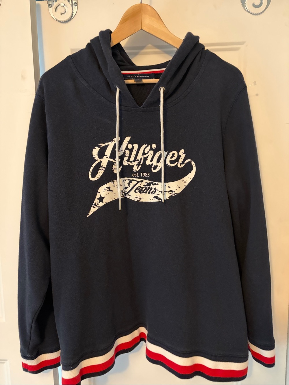 Tommy Hilfiger Navy Hoodie with Striped Hem & Front Logo
